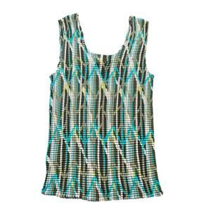 Y2K- green earth tones brown- Med - krinkle stretch tank top- caviar- abstract